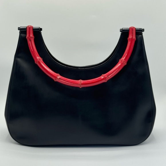 Authentic Gucci Black With  Red Bamboo Handle Shoulder Bag With Hobo Silhouette - Picture 3 of 17